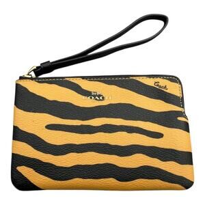 COACH Corner Zip Leather Wristlet Leather Tiger Print